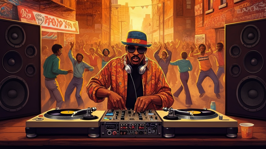 Illustration of DJ Kool Herc performing at an early block party in a vibrant urban street setting, surrounded by dancing crowds, graffiti-covered buildings, and colorful banners, symbolizing the origins of hip-hop culture and the early days of DJing.